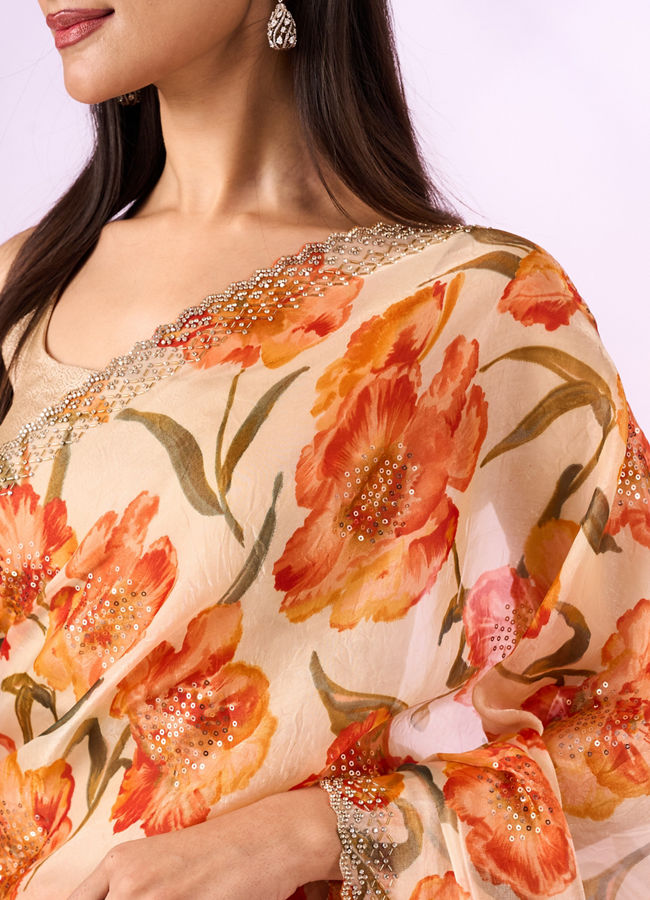 Mohey Women Orange Organza Saree with Cutdana Work