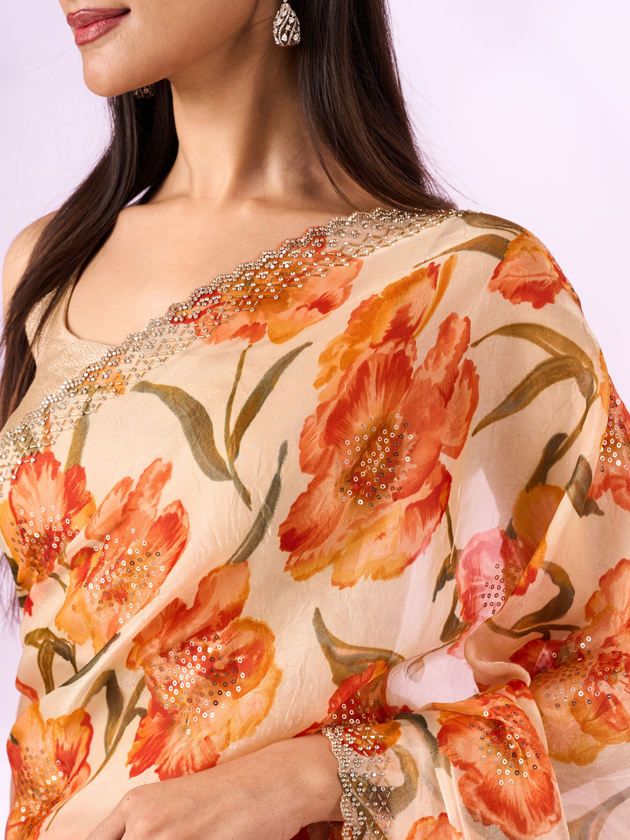 Mohey Women Orange Organza Saree with Cutdana Work