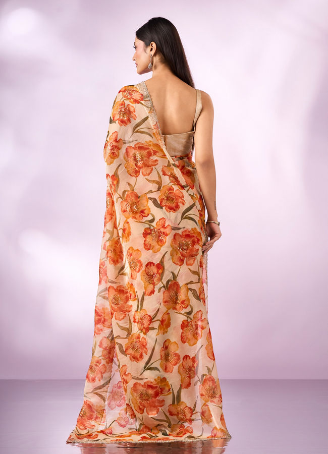 Mohey Women Orange Organza Saree with Cutdana Work
