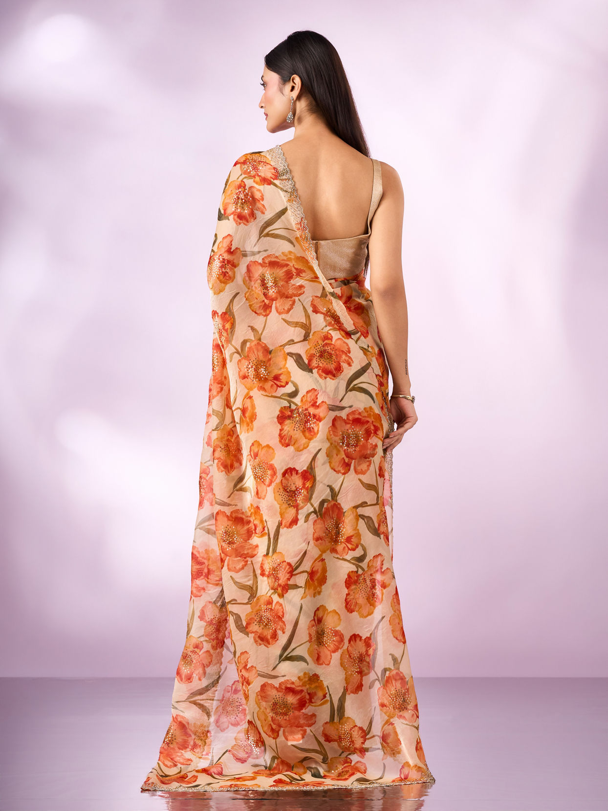 Mohey Women Orange Organza Saree with Cutdana Work