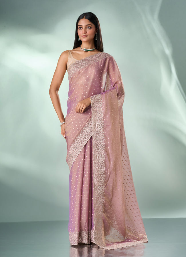Mohey Women Purple Organza Saree with Zari Weave