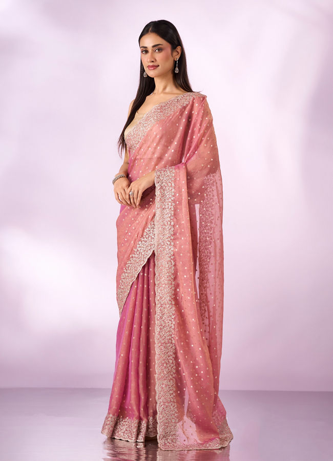 Mohey Women Pink Organza Saree with Zari Weave