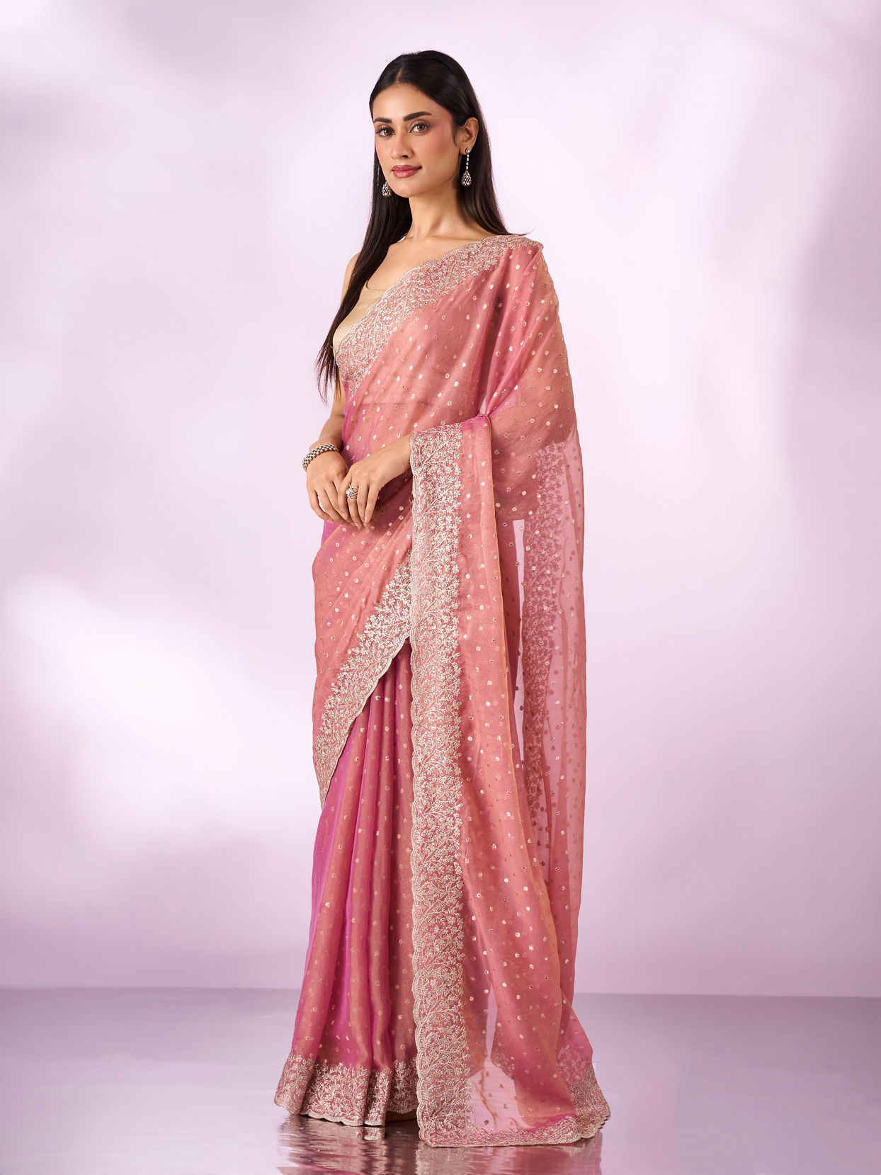 Mohey Women Pink Organza Saree with Zari Weave