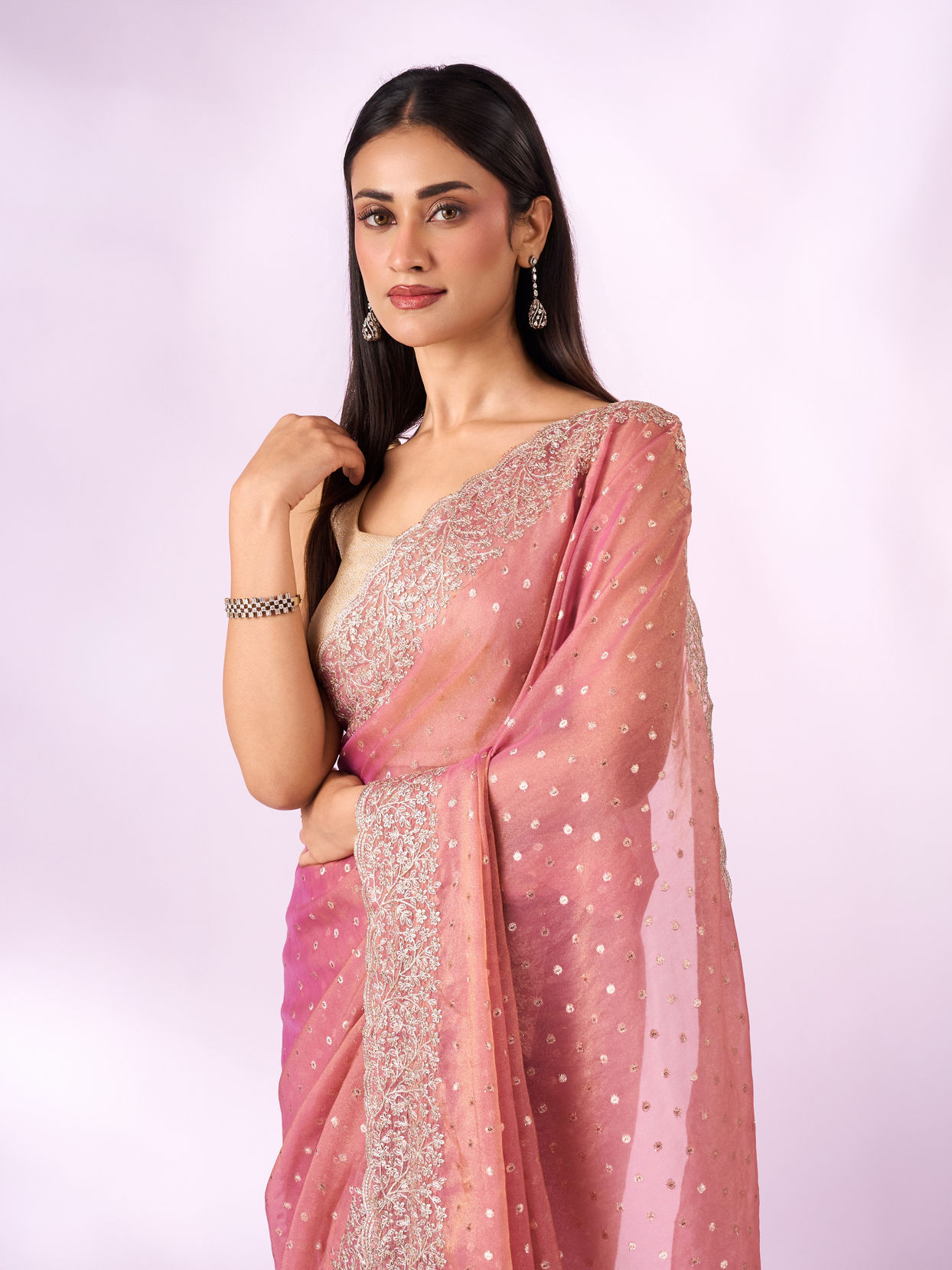 Mohey Women Pink Organza Saree with Zari Weave