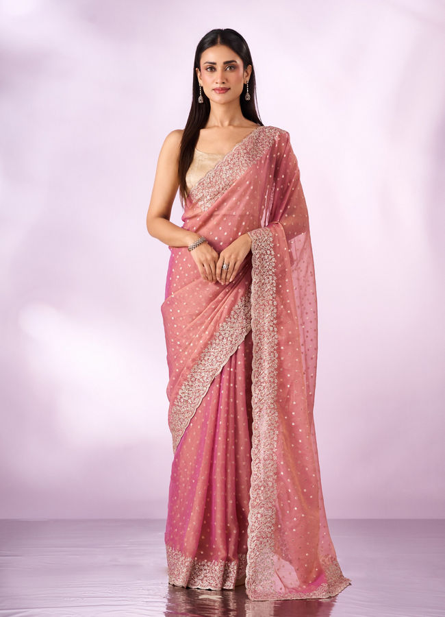 Mohey Women Pink Organza Saree with Zari Weave