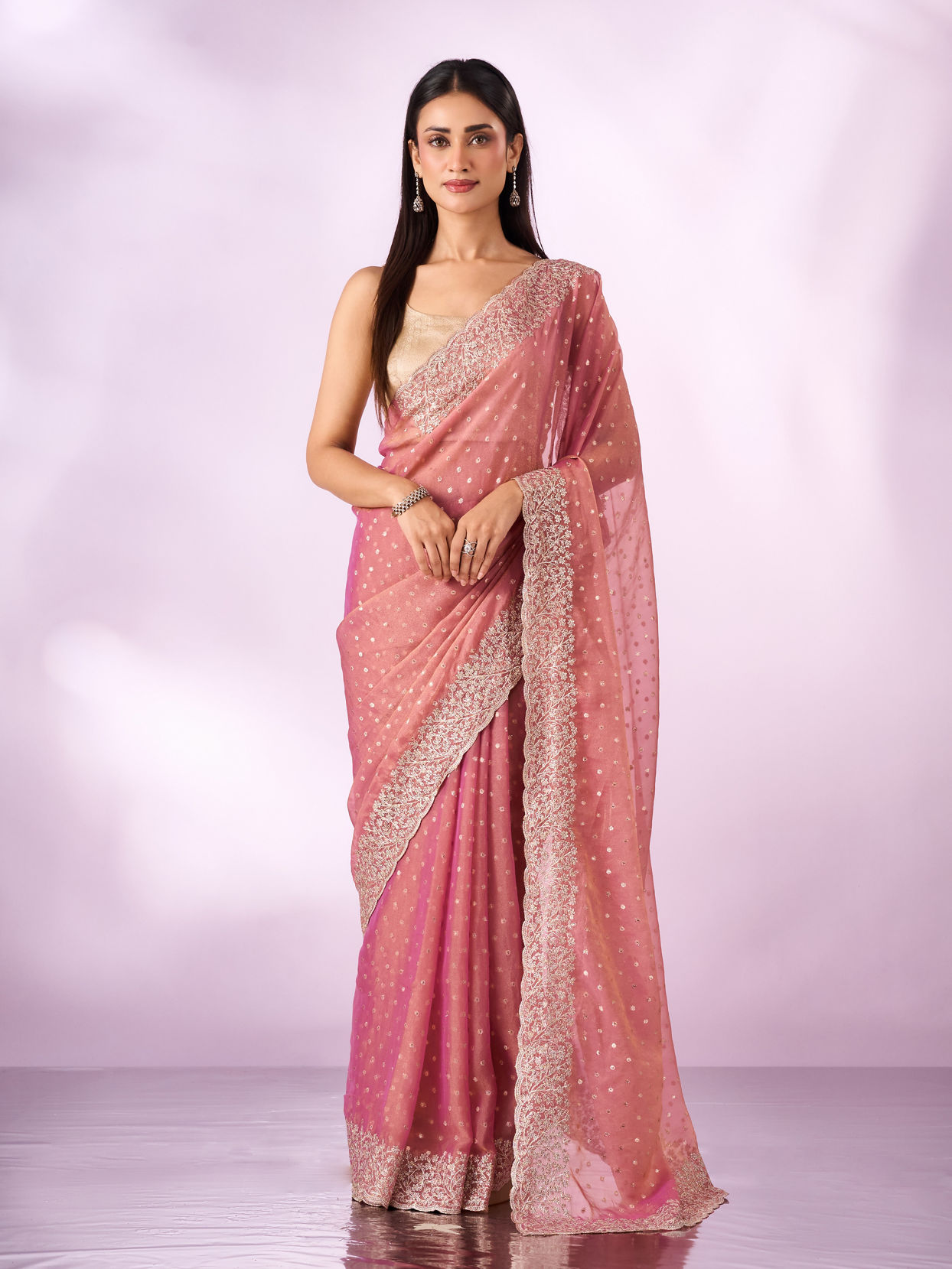 Mohey Women Pink Organza Saree with Zari Weave