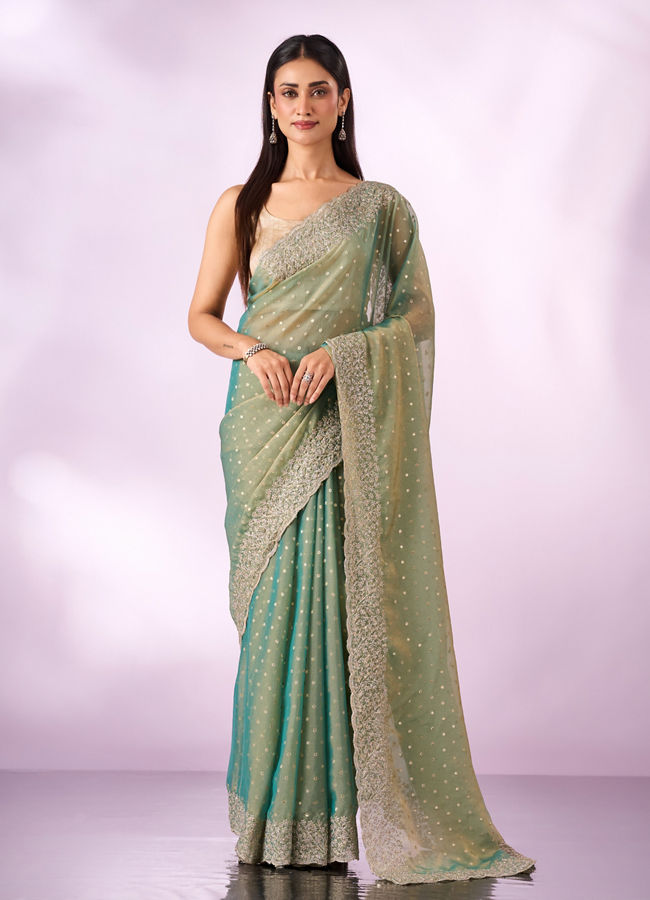 Mohey Women Sea Green Organza Saree with Zari Weave