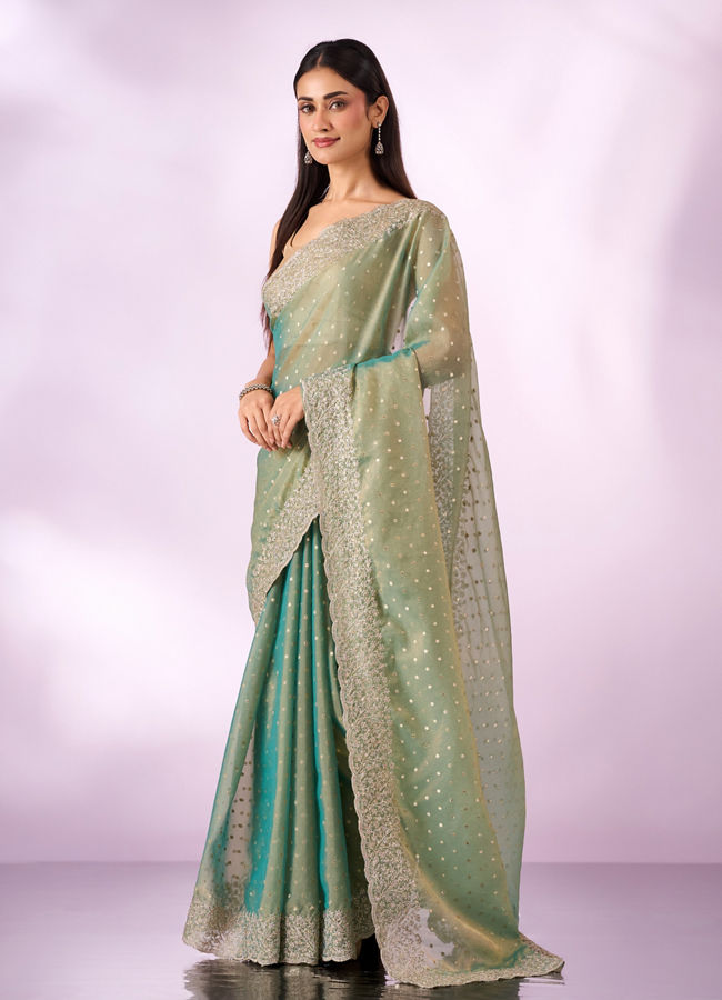 Mohey Women Sea Green Organza Saree with Zari Weave
