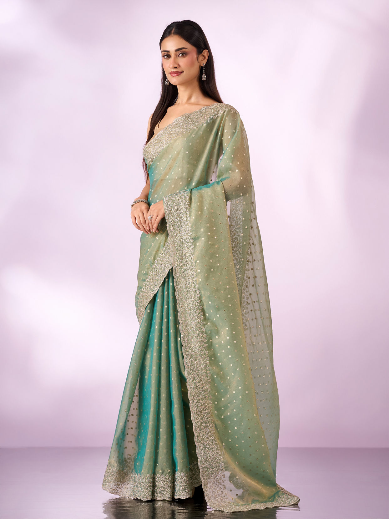 Mohey Women Sea Green Organza Saree with Zari Weave