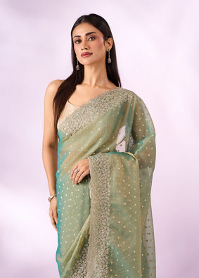 Mohey Women Sea Green Organza Saree with Zari Weave