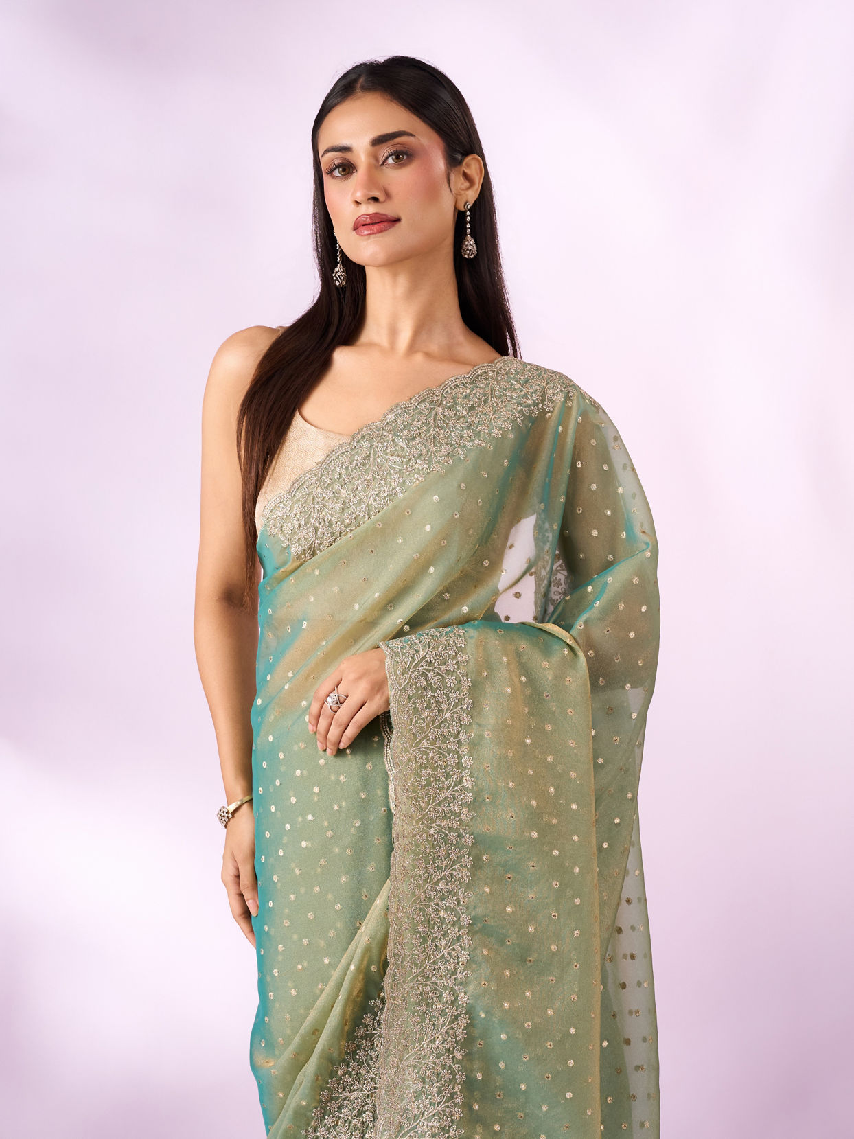 Mohey Women Sea Green Organza Saree with Zari Weave