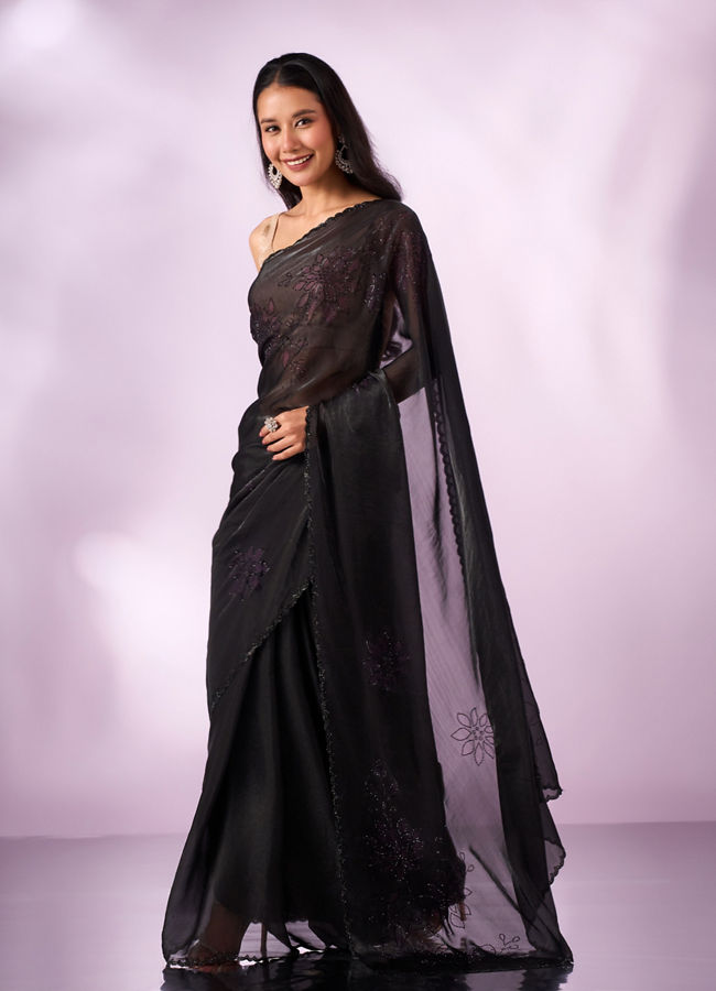 Mohey Women Purple Organza Saree with Print and Stone Work