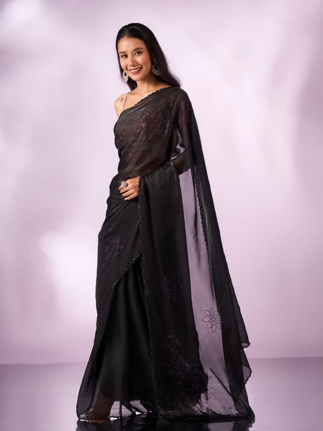 Mohey Women Purple Organza Saree with Print and Stone Work