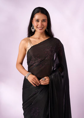 Mohey Women Purple Organza Saree with Print and Stone Work