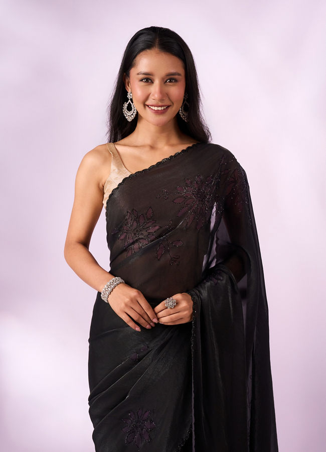 Mohey Women Purple Organza Saree with Print and Stone Work