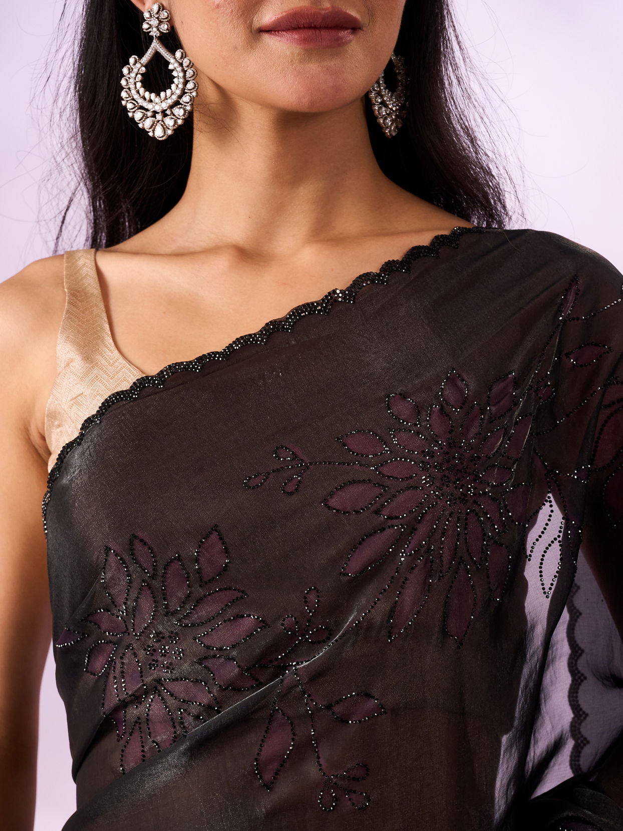 Mohey Women Purple Organza Saree with Print and Stone Work
