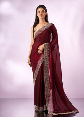 Mohey Women Maroon Organza Saree with Stone Work