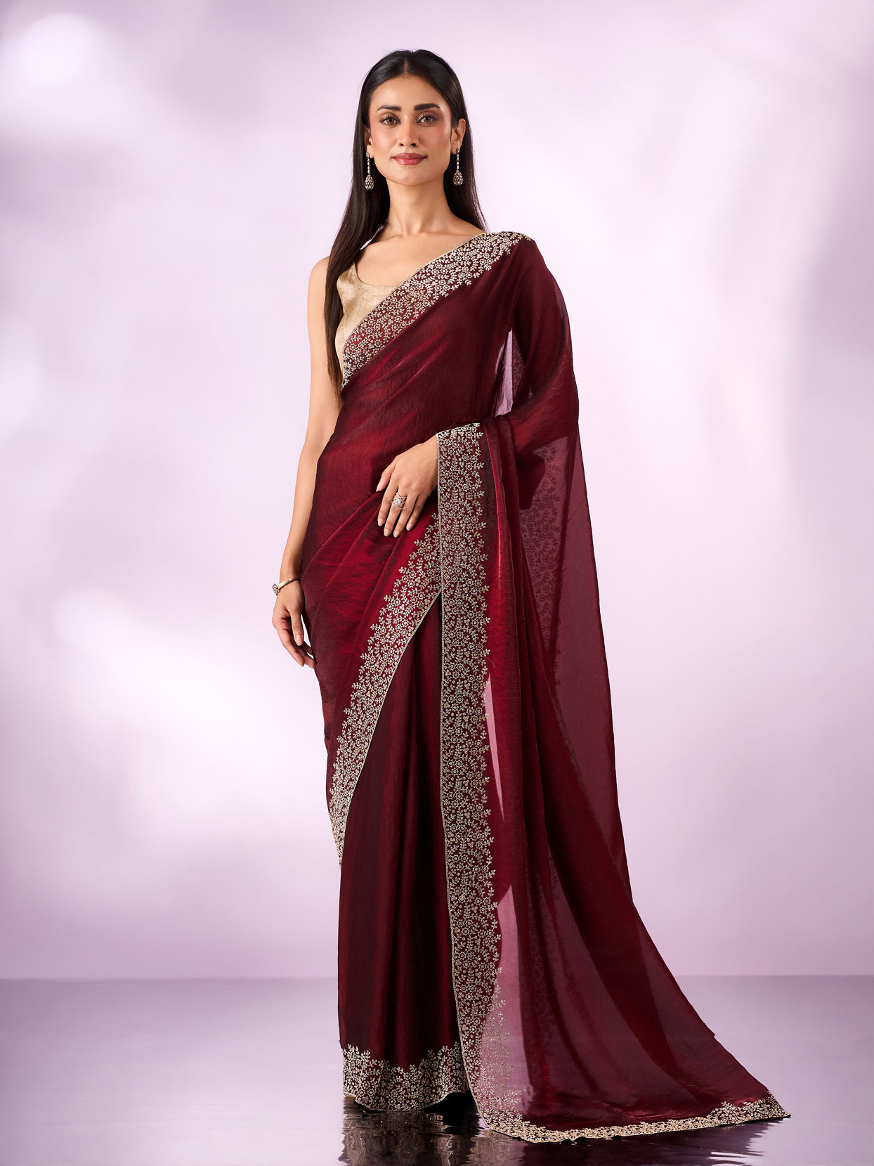 Mohey Women Maroon Organza Saree with Stone Work