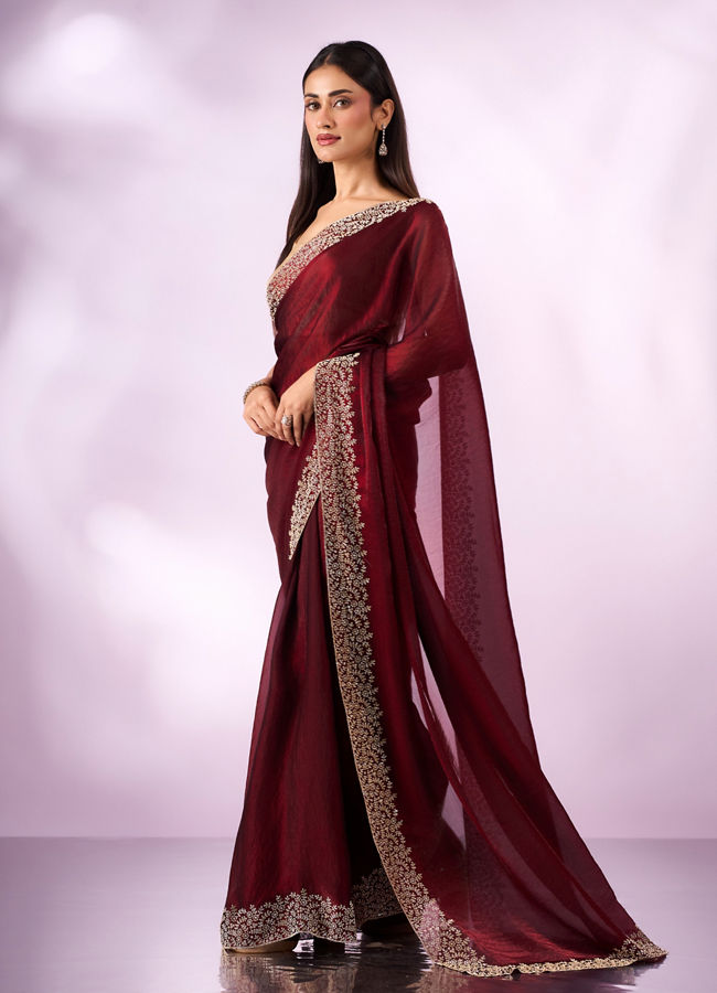 Mohey Women Maroon Organza Saree with Stone Work