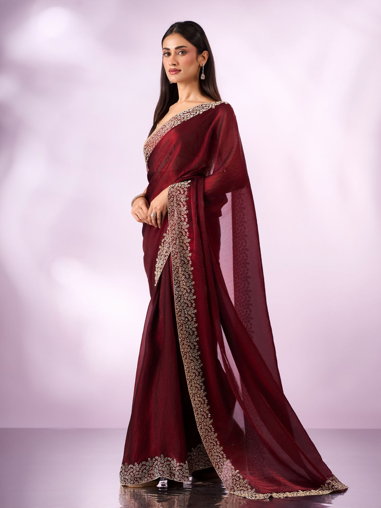 Mohey Women Maroon Organza Saree with Stone Work