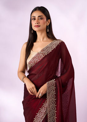 Mohey Women Maroon Organza Saree with Stone Work