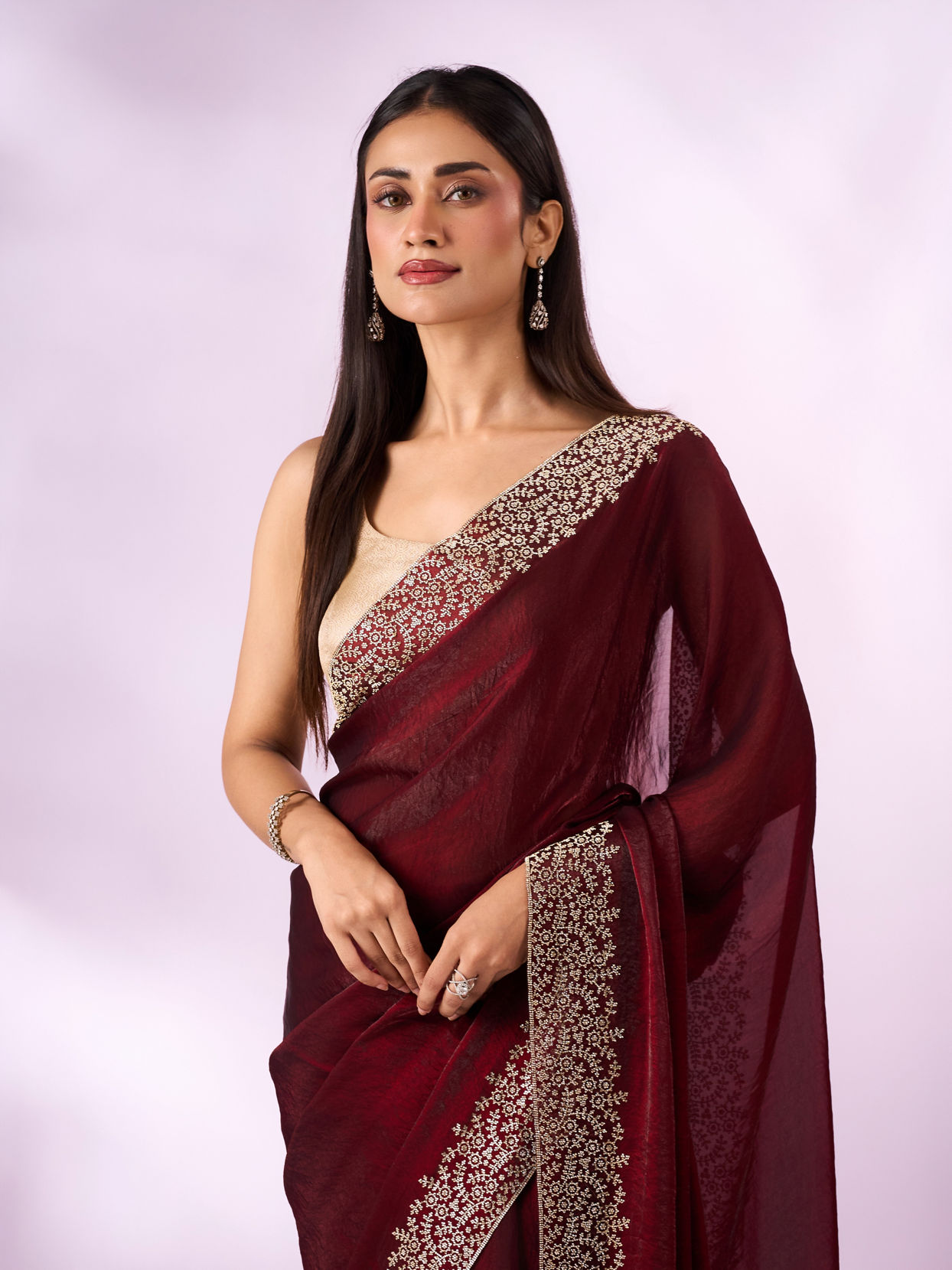 Mohey Women Maroon Organza Saree with Stone Work