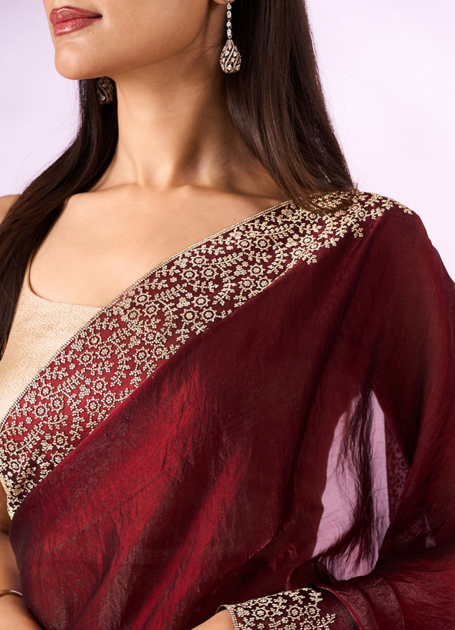 Mohey Women Maroon Organza Saree with Stone Work