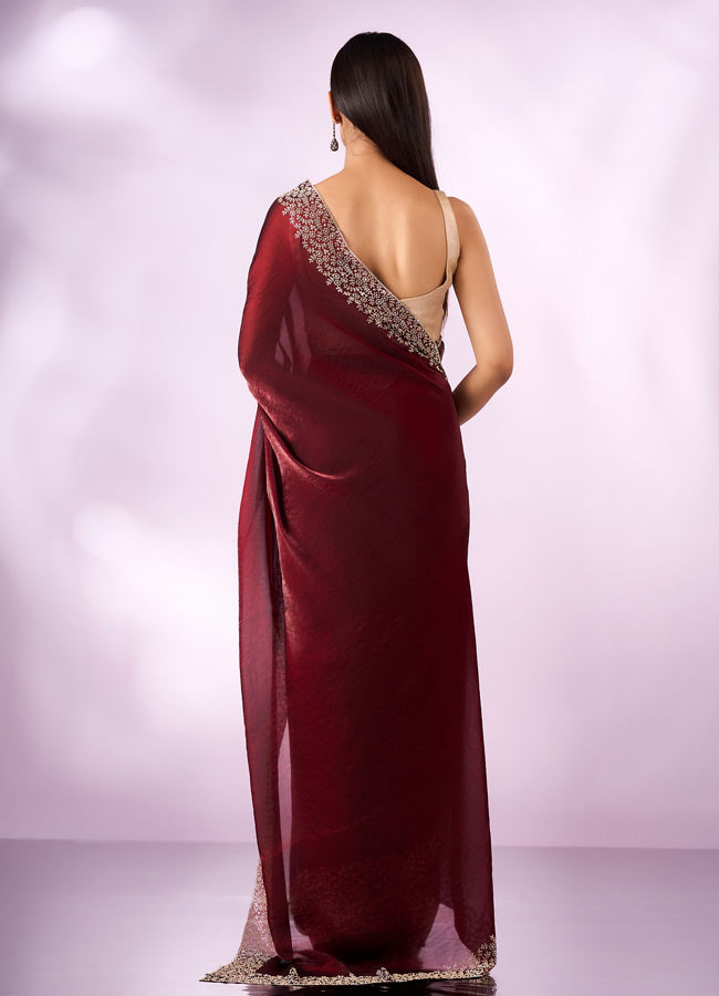 Mohey Women Maroon Organza Saree with Stone Work