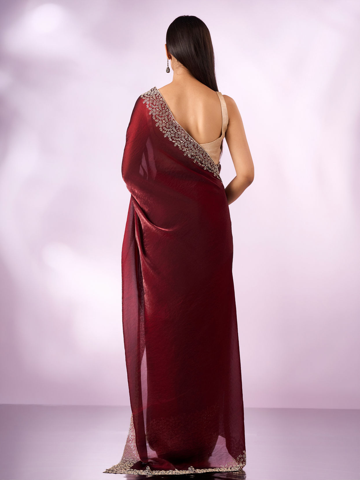 Mohey Women Maroon Organza Saree with Stone Work
