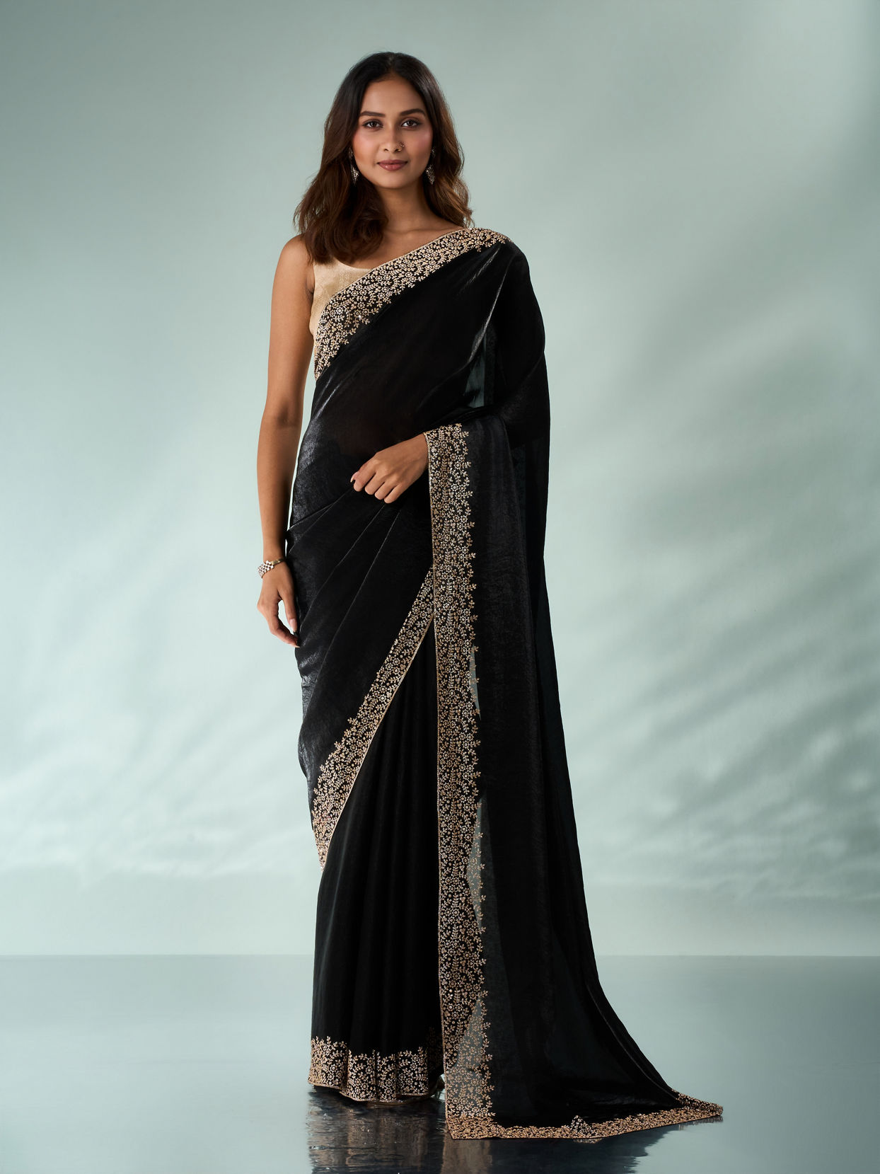 Mohey Women Black Organza Saree with Stone Work