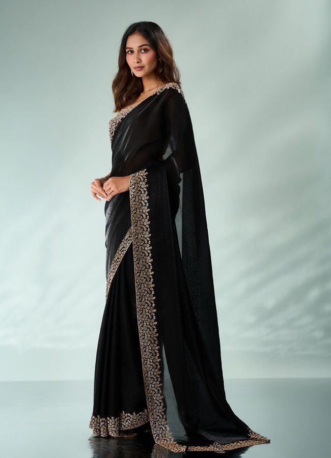 Mohey Women Black Organza Saree with Stone Work