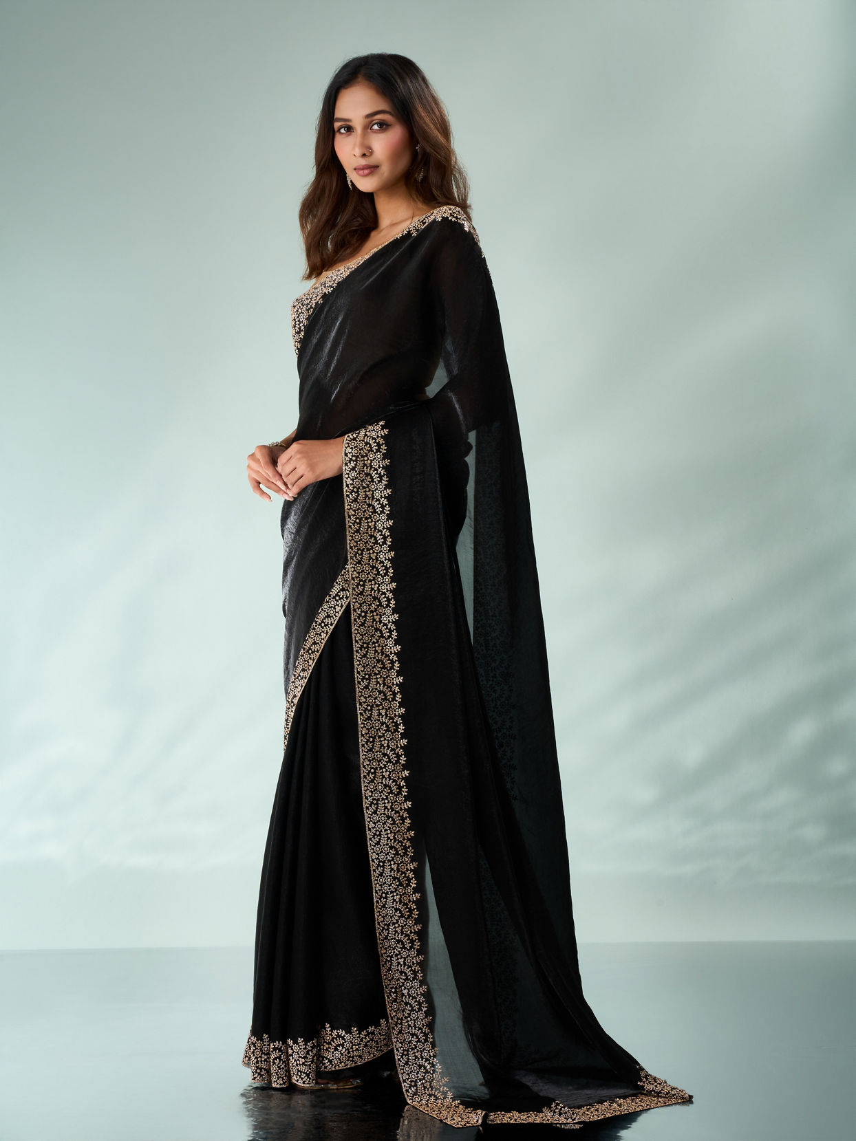 Mohey Women Black Organza Saree with Stone Work