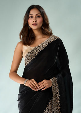 Mohey Women Black Organza Saree with Stone Work