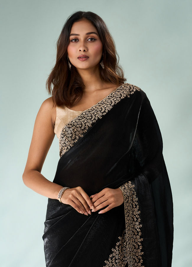 Mohey Women Black Organza Saree with Stone Work