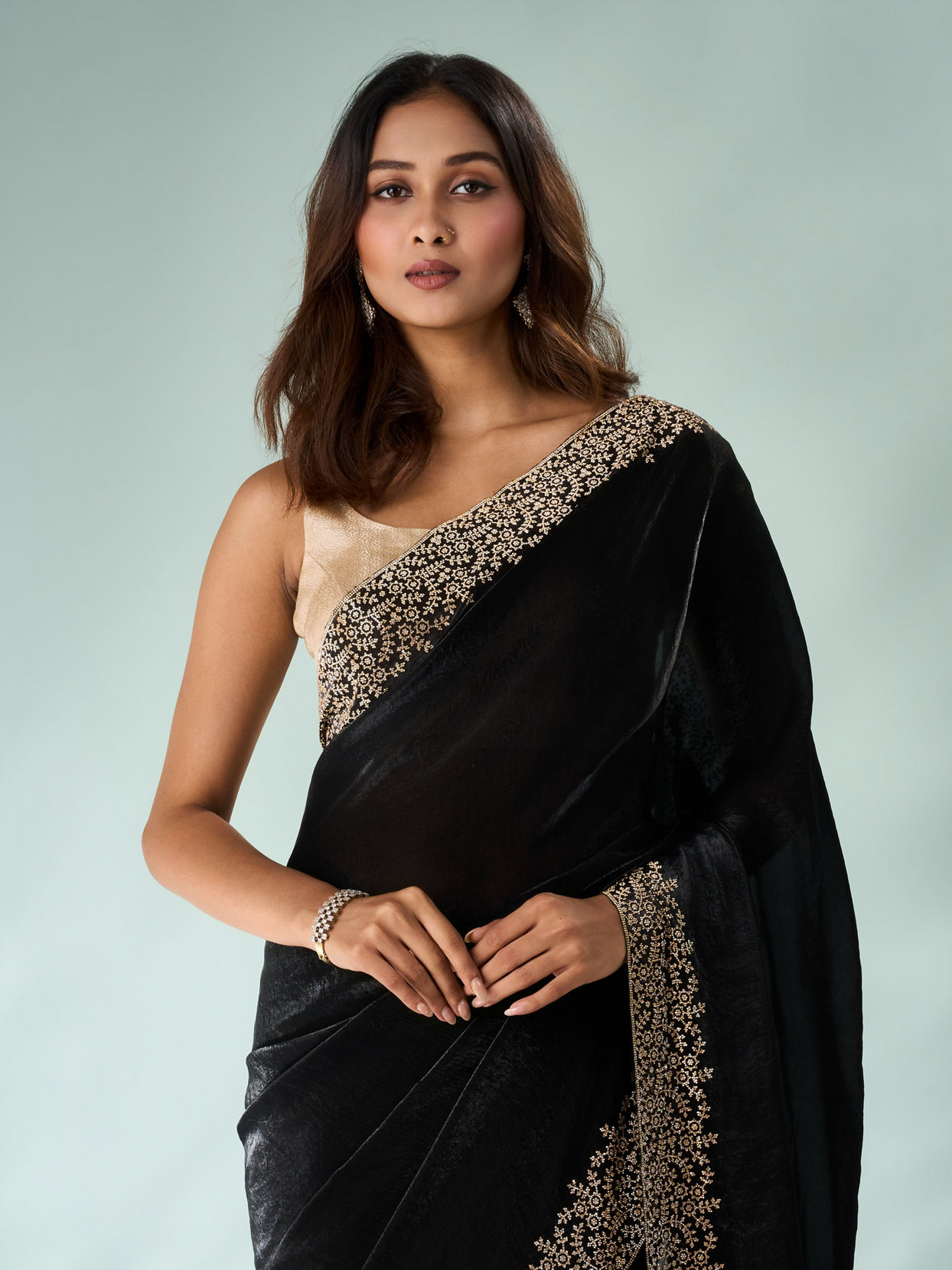 Mohey Women Black Organza Saree with Stone Work