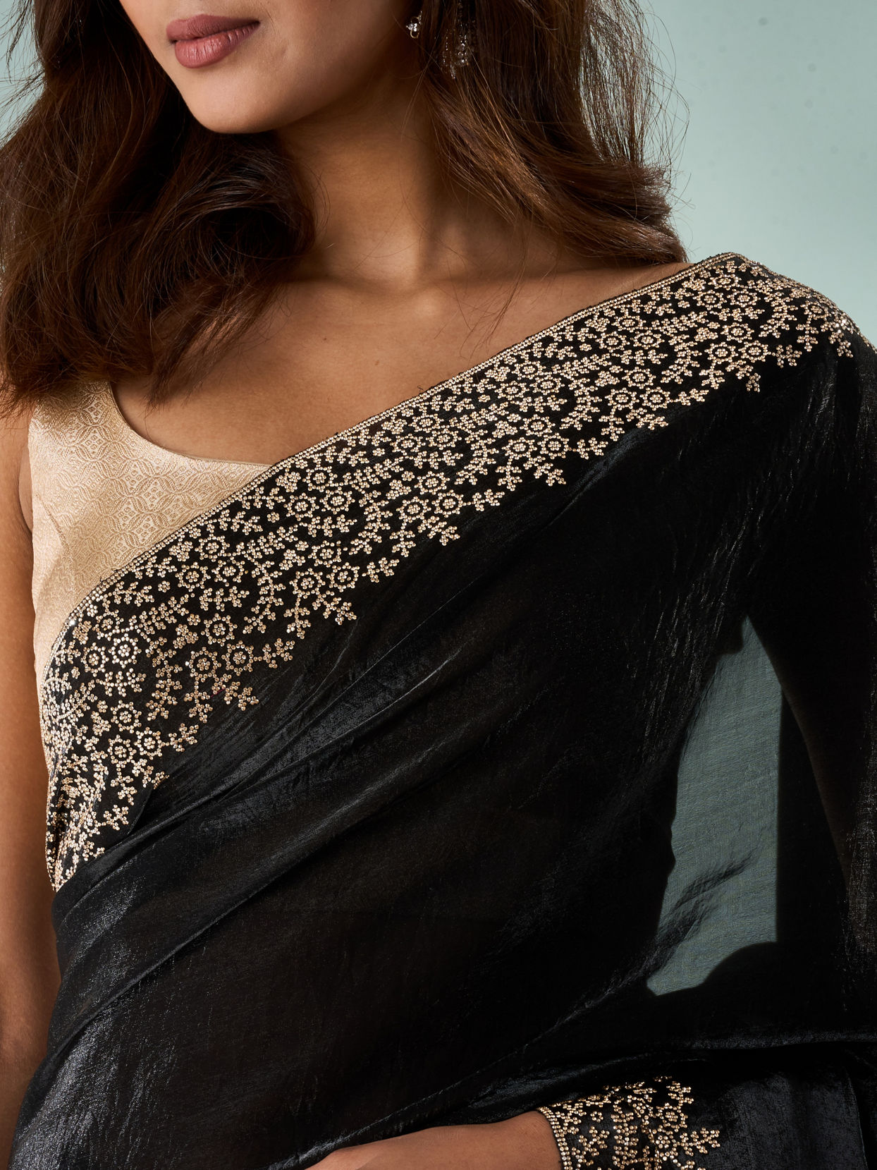 Mohey Women Black Organza Saree with Stone Work