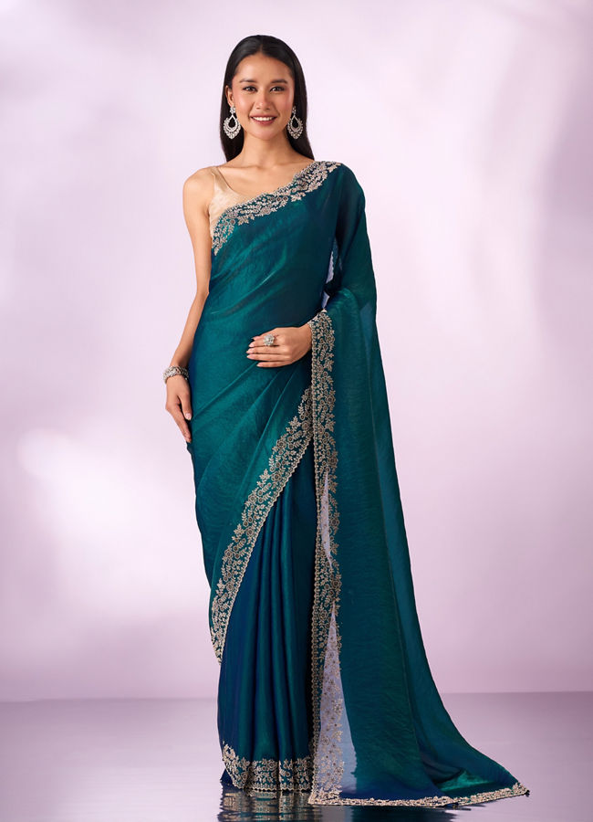 Mohey Women Blue Organza Saree with Stone Work