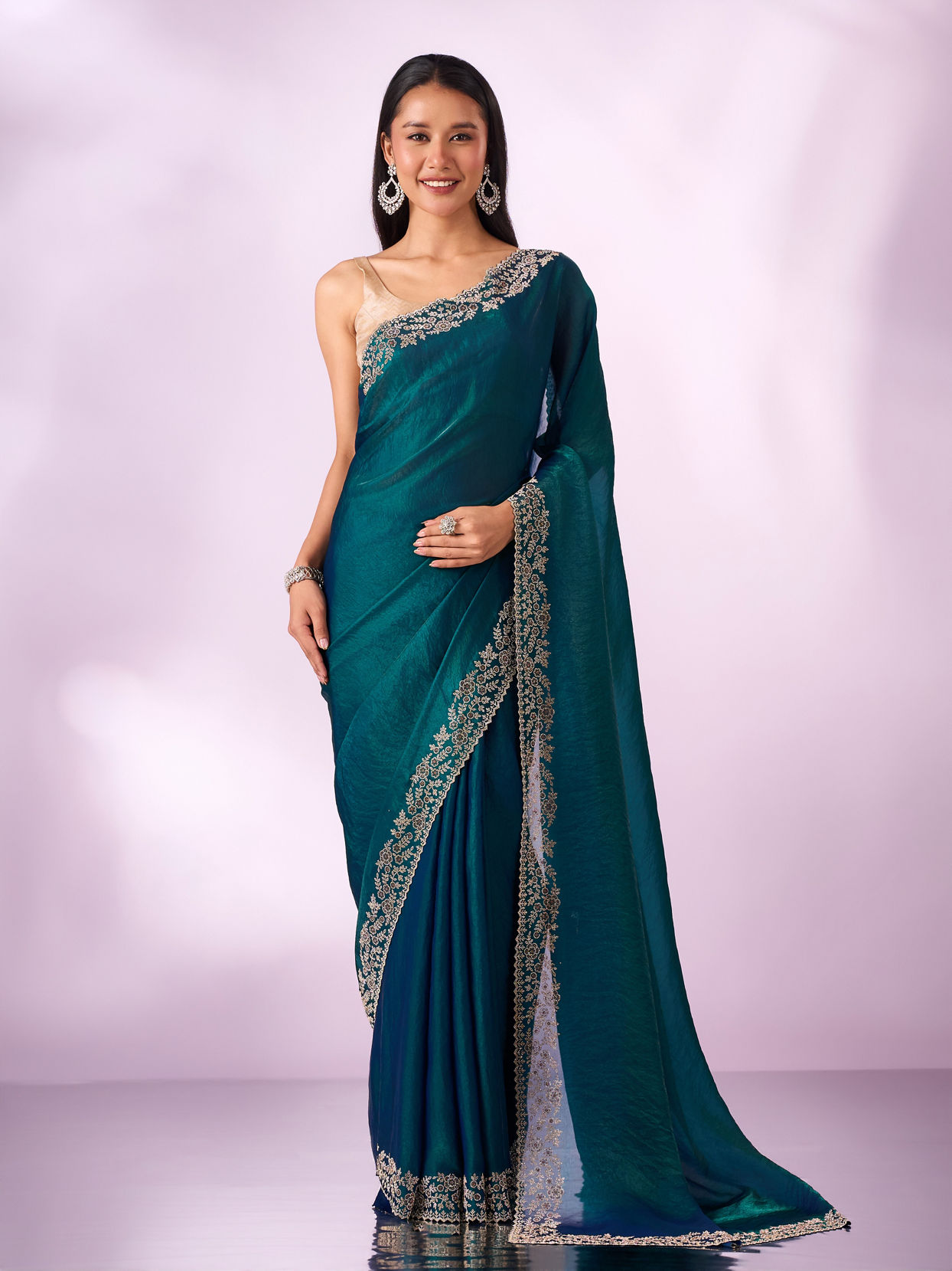 Mohey Women Blue Organza Saree with Stone Work