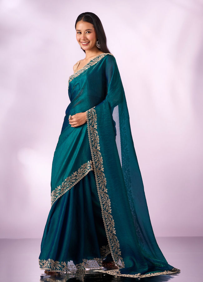Mohey Women Blue Organza Saree with Stone Work