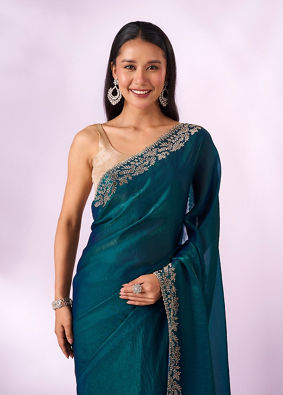 Mohey Women Blue Organza Saree with Stone Work