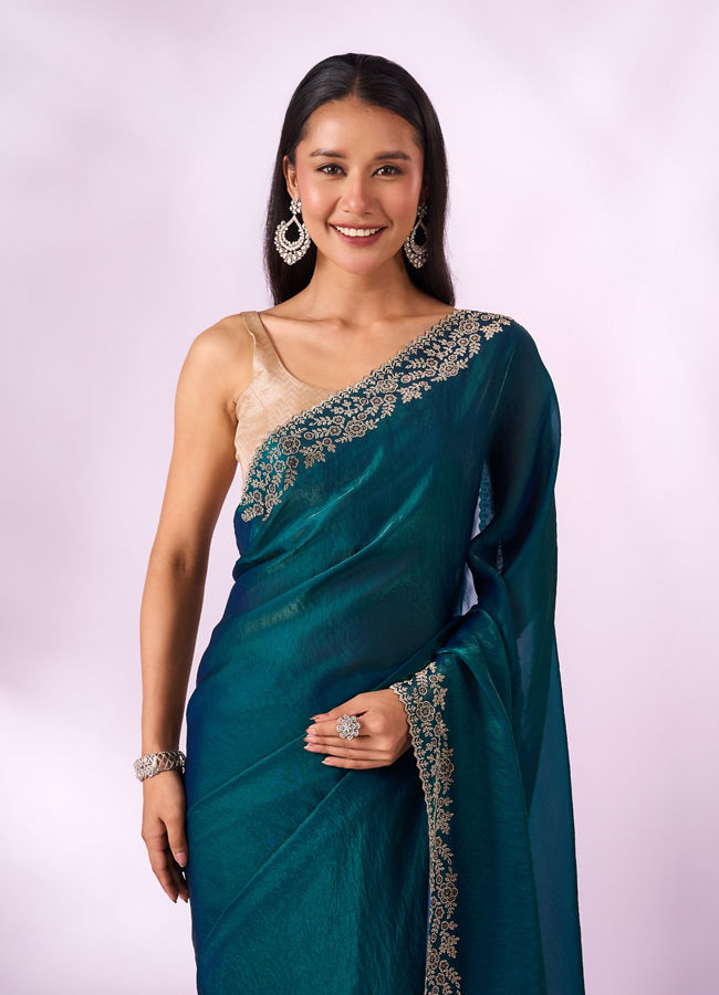 Mohey Women Blue Organza Saree with Stone Work