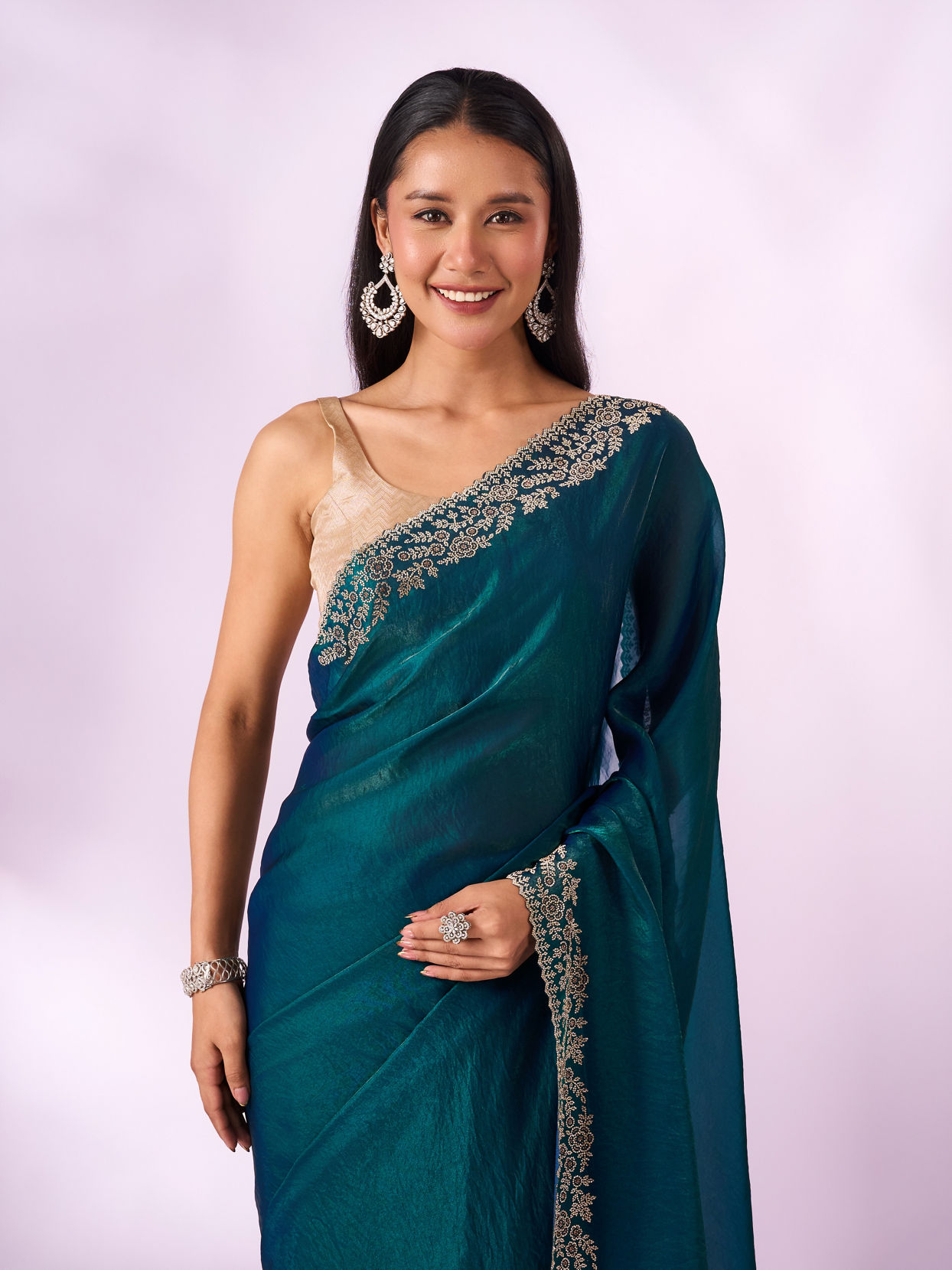 Mohey Women Blue Organza Saree with Stone Work