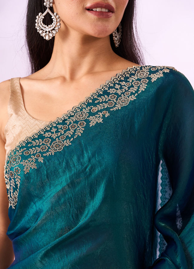 Mohey Women Blue Organza Saree with Stone Work