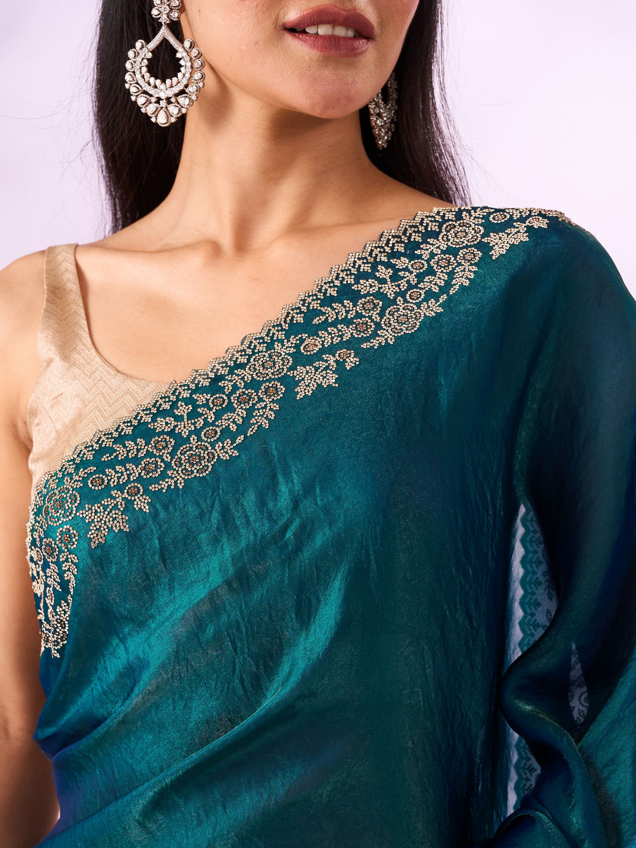 Mohey Women Blue Organza Saree with Stone Work