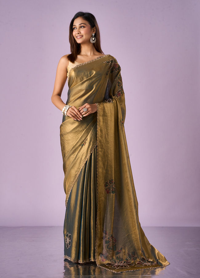 Mohey Women Sea Green Organza Saree with Print and Stone Work