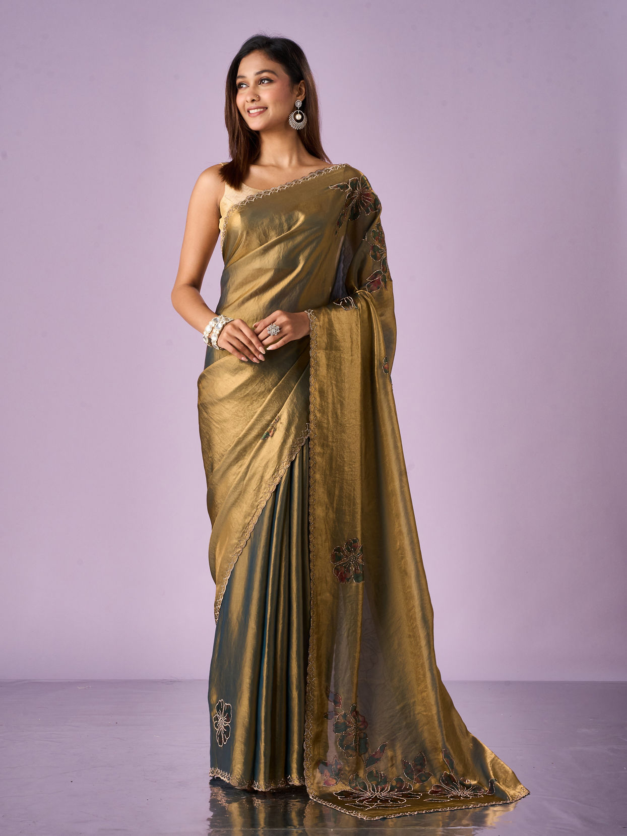 Mohey Women Sea Green Organza Saree with Print and Stone Work