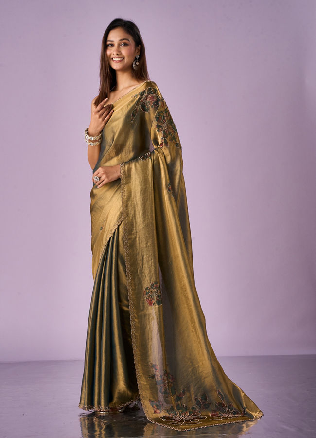 Mohey Women Sea Green Organza Saree with Print and Stone Work