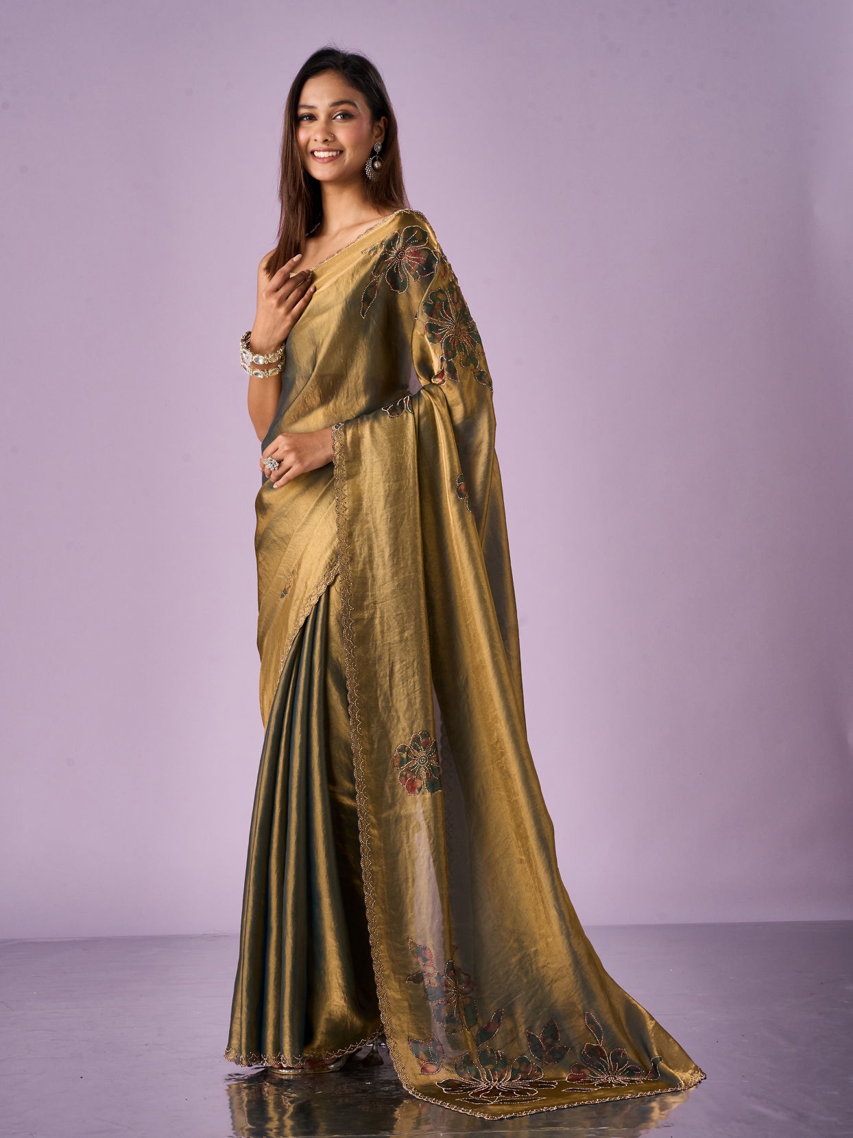 Mohey Women Sea Green Organza Saree with Print and Stone Work