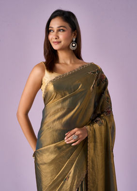 Mohey Women Sea Green Organza Saree with Print and Stone Work