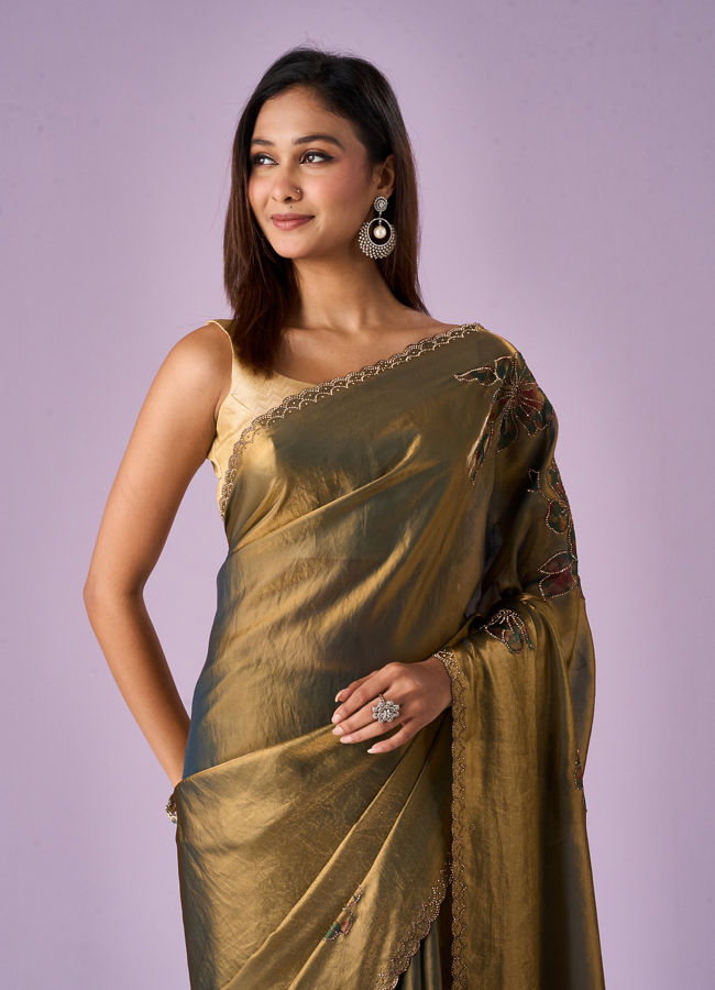 Mohey Women Sea Green Organza Saree with Print and Stone Work